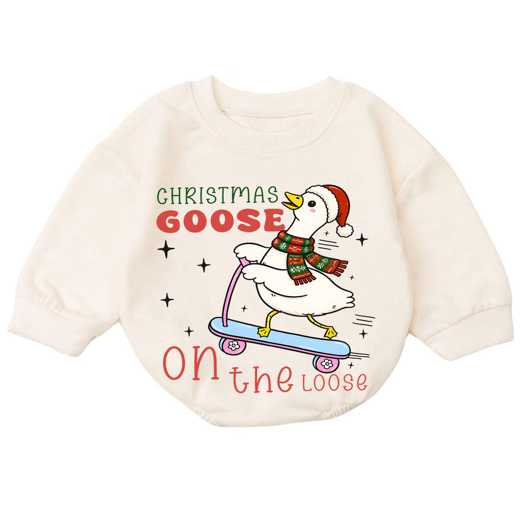 Christmas Goose Baby Romper, Goose on the Loose Skateboard Outfit, Funny Holiday Romper, Cute Toddler 1st Christmas Gift — product view 7