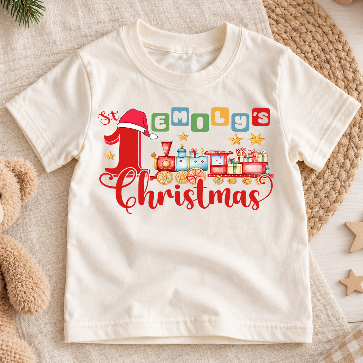 First Christmas Kids Shirt, Christmas Train Tee, Baby First Christmas T Shirt, Holiday Keepsake Gift — product view 1