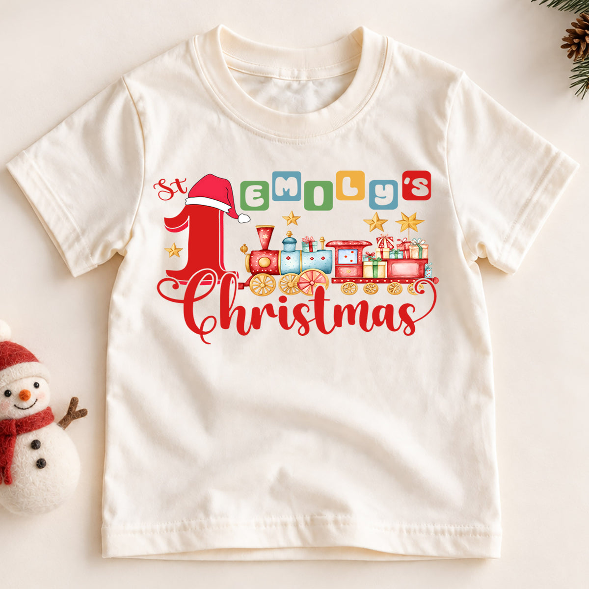 First Christmas Kids Shirt, Christmas Train Tee, Baby First Christmas T Shirt, Holiday Keepsake Gift — product view 2