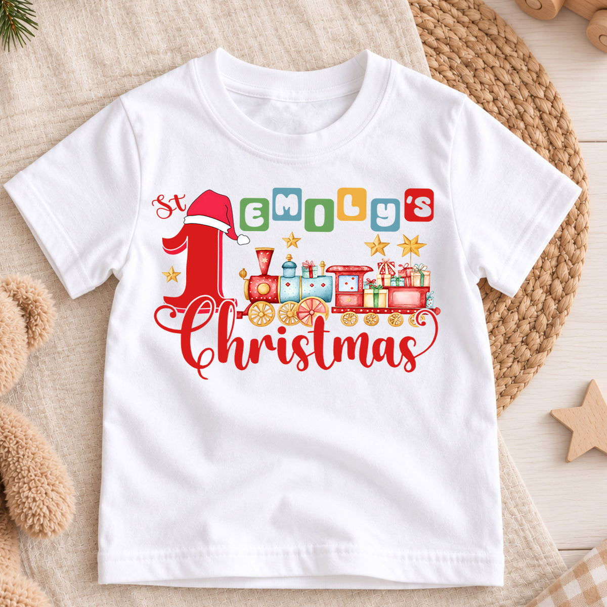 First Christmas Kids Shirt, Christmas Train Tee, Baby First Christmas T Shirt, Holiday Keepsake Gift — product view 3