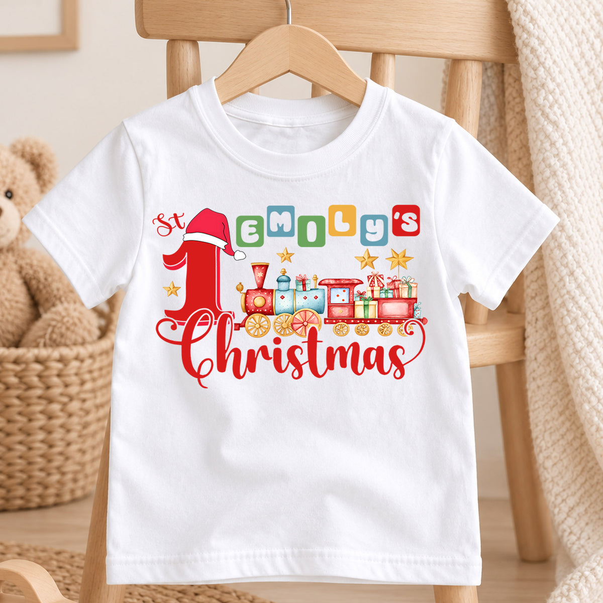 First Christmas Kids Shirt, Christmas Train Tee, Baby First Christmas T Shirt, Holiday Keepsake Gift — product view 4