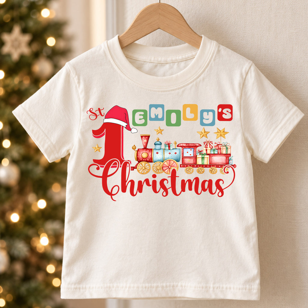 First Christmas Kids Shirt, Christmas Train Tee, Baby First Christmas T Shirt, Holiday Keepsake Gift — product view 5