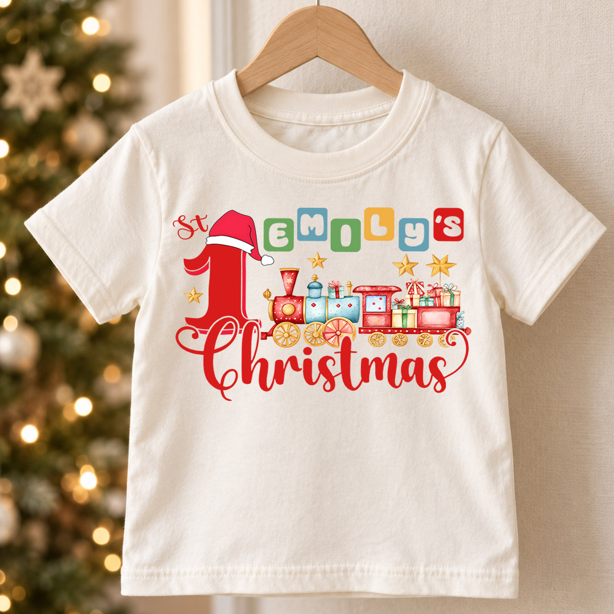 First Christmas Kids Shirt, Christmas Train Tee, Baby First Christmas T Shirt, Holiday Keepsake Gift — product view 5
