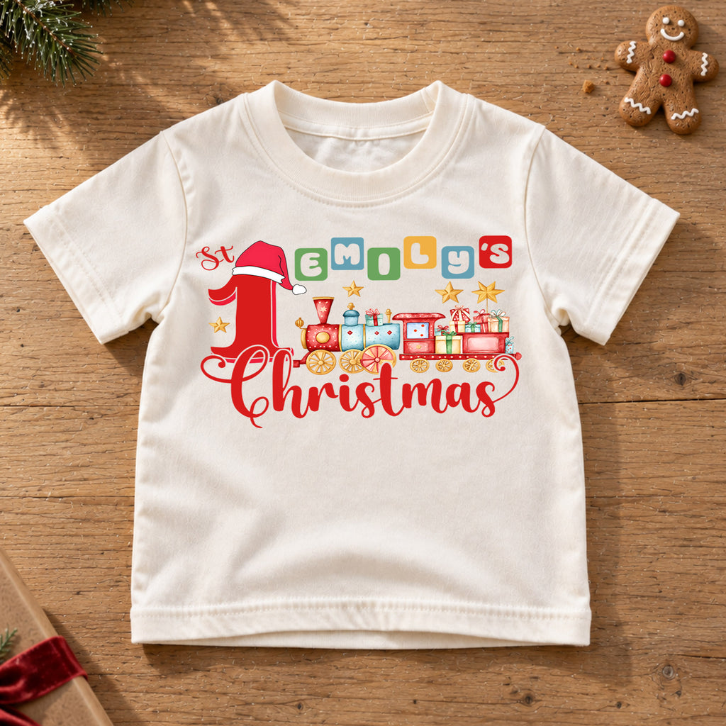 First Christmas Kids Shirt, Christmas Train Tee, Baby First Christmas T Shirt, Holiday Keepsake Gift — product view 6