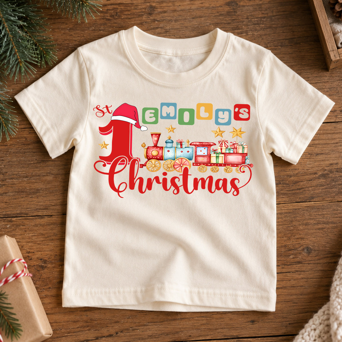 First Christmas Kids Shirt, Christmas Train Tee, Baby First Christmas T Shirt, Holiday Keepsake Gift — product view 7