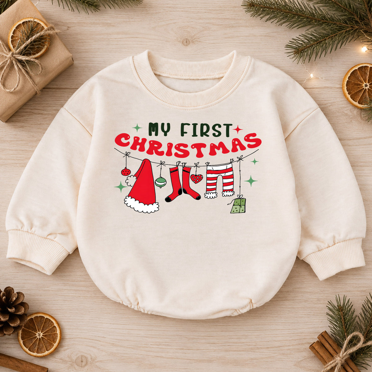 My First Christmas Baby Romper, Santa Clothesline Holiday Outfit, Baby First Xmas Keepsake, Cute Christmas Photo Romper — product view 1