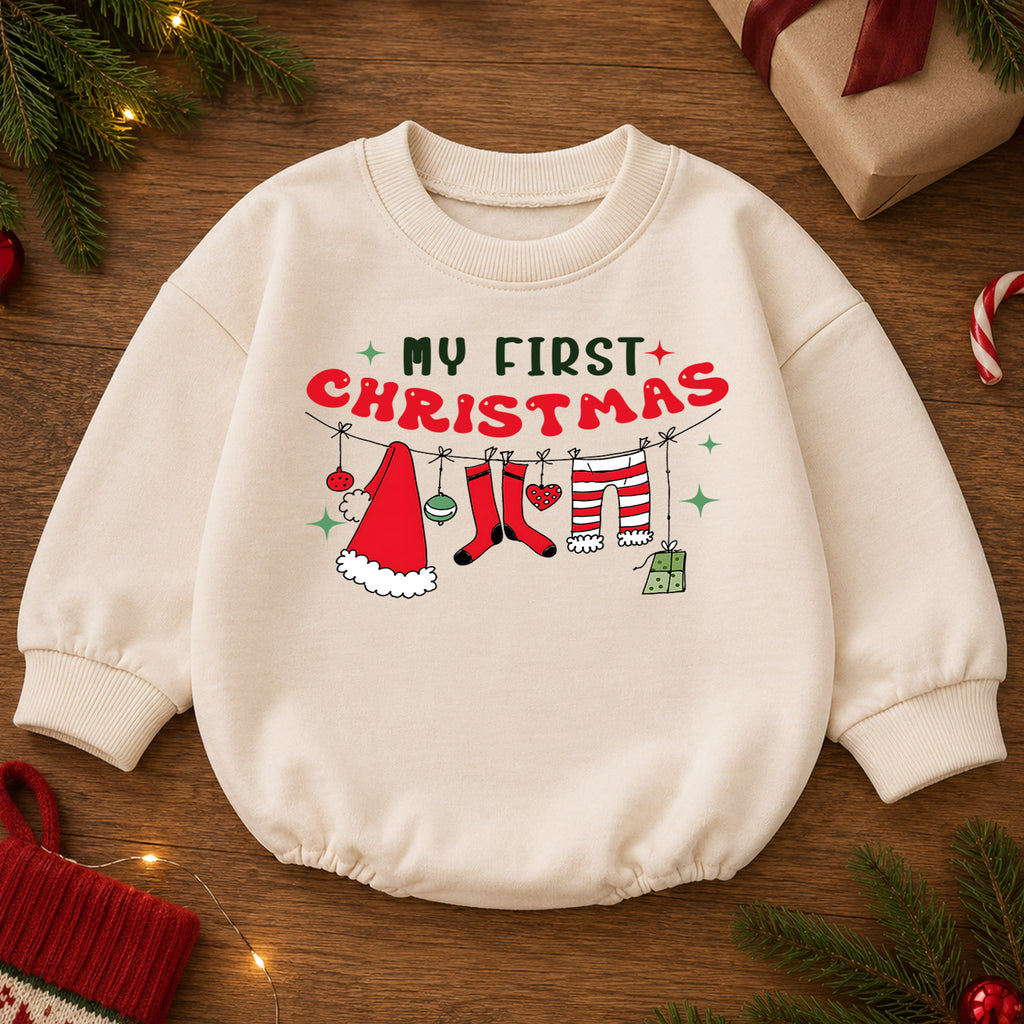 My First Christmas Baby Romper, Santa Clothesline Holiday Outfit, Baby First Xmas Keepsake, Cute Christmas Photo Romper — product view 2