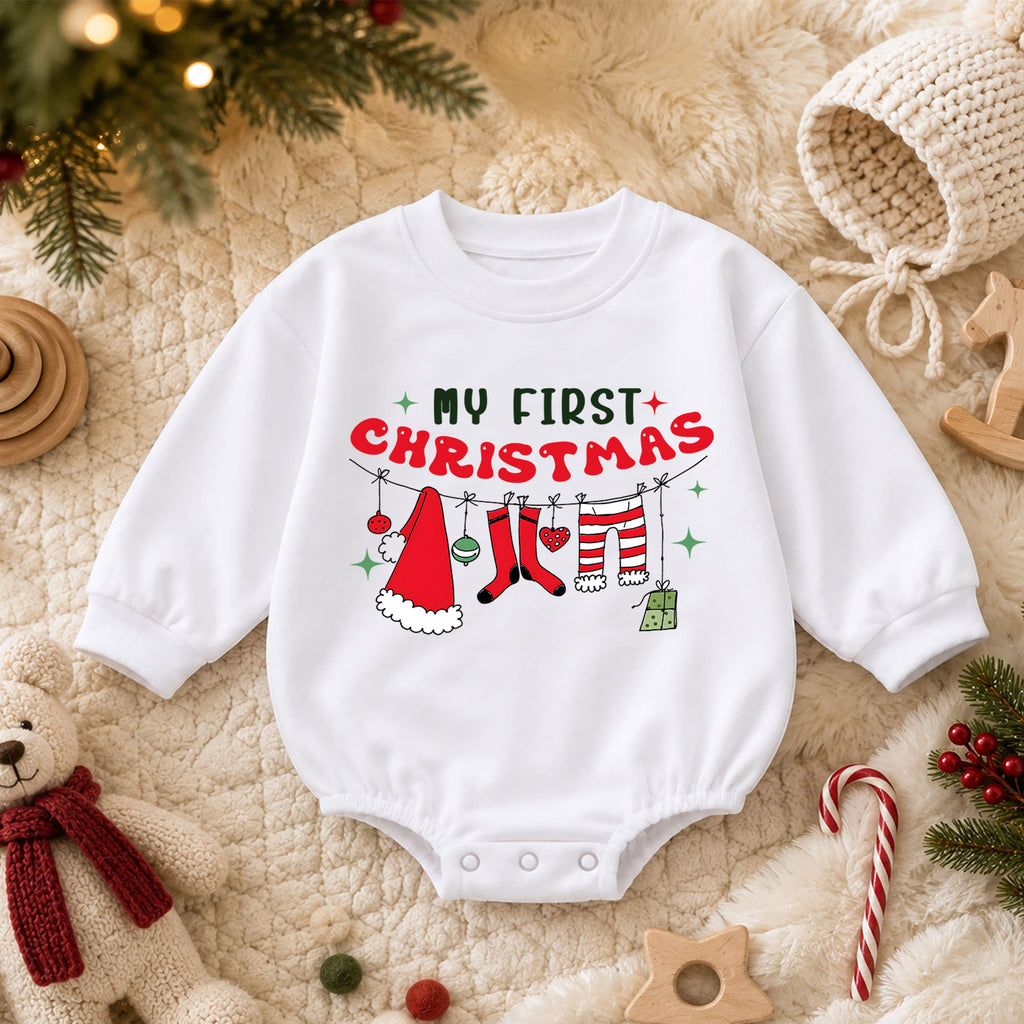 My First Christmas Baby Romper, Santa Clothesline Holiday Outfit, Baby First Xmas Keepsake, Cute Christmas Photo Romper — product view 3