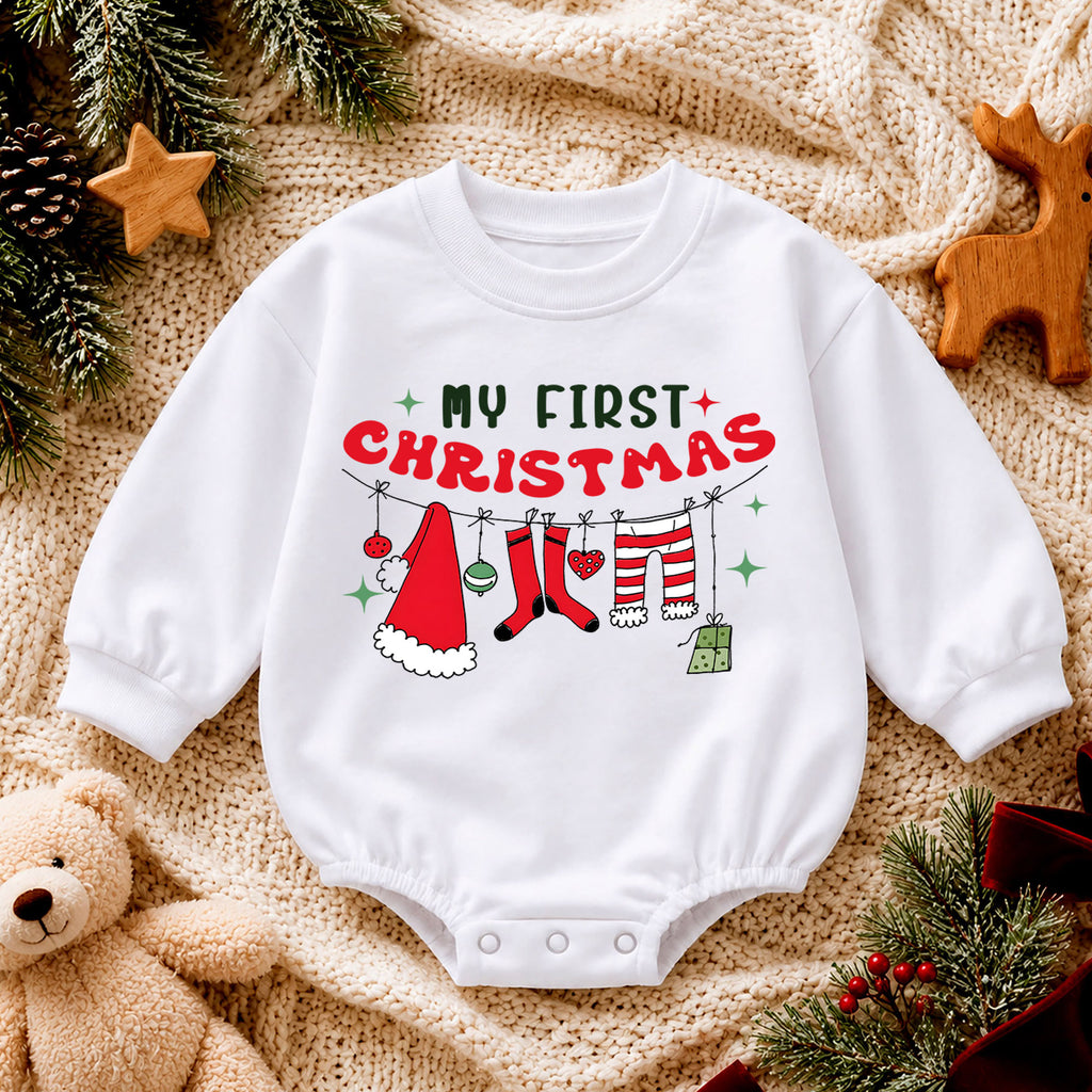 My First Christmas Baby Romper, Santa Clothesline Holiday Outfit, Baby First Xmas Keepsake, Cute Christmas Photo Romper — product view 4