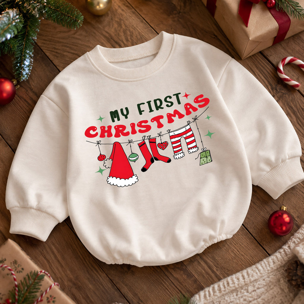 My First Christmas Baby Romper, Santa Clothesline Holiday Outfit, Baby First Xmas Keepsake, Cute Christmas Photo Romper — product view 5