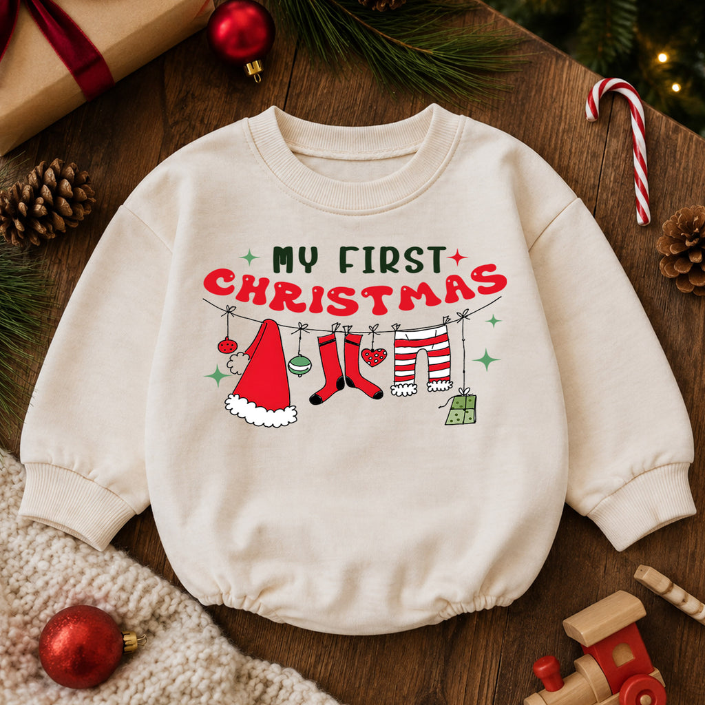 My First Christmas Baby Romper, Santa Clothesline Holiday Outfit, Baby First Xmas Keepsake, Cute Christmas Photo Romper — product view 6