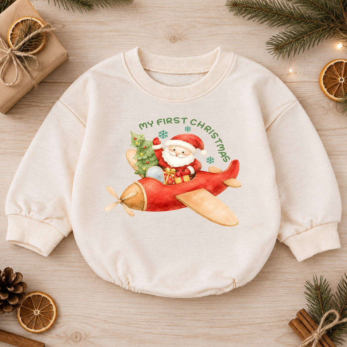My First Christmas Baby Romper, Santa Airplane Christmas Romper, Baby First Holiday Outfit, Watercolor Toddler Christmas Romper — product view 1