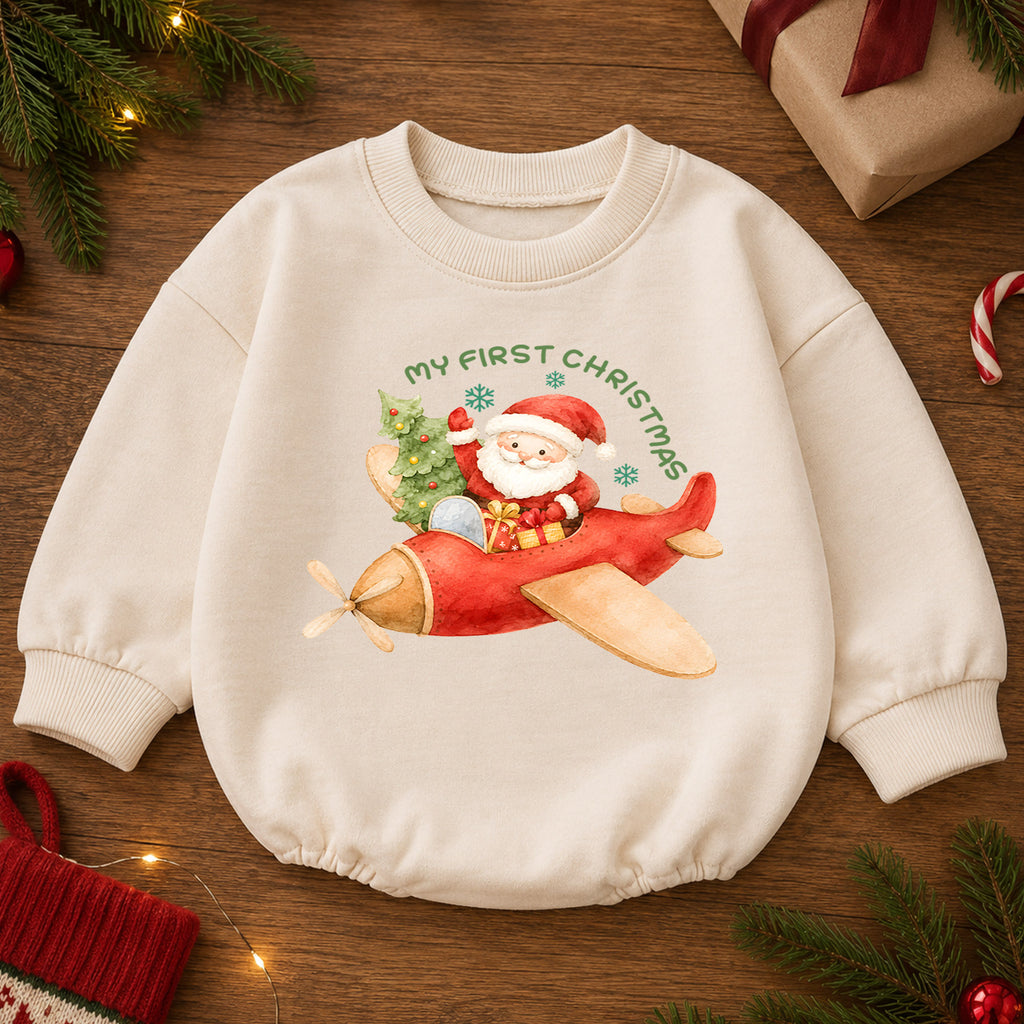My First Christmas Baby Romper, Santa Airplane Christmas Romper, Baby First Holiday Outfit, Watercolor Toddler Christmas Romper — product view 2