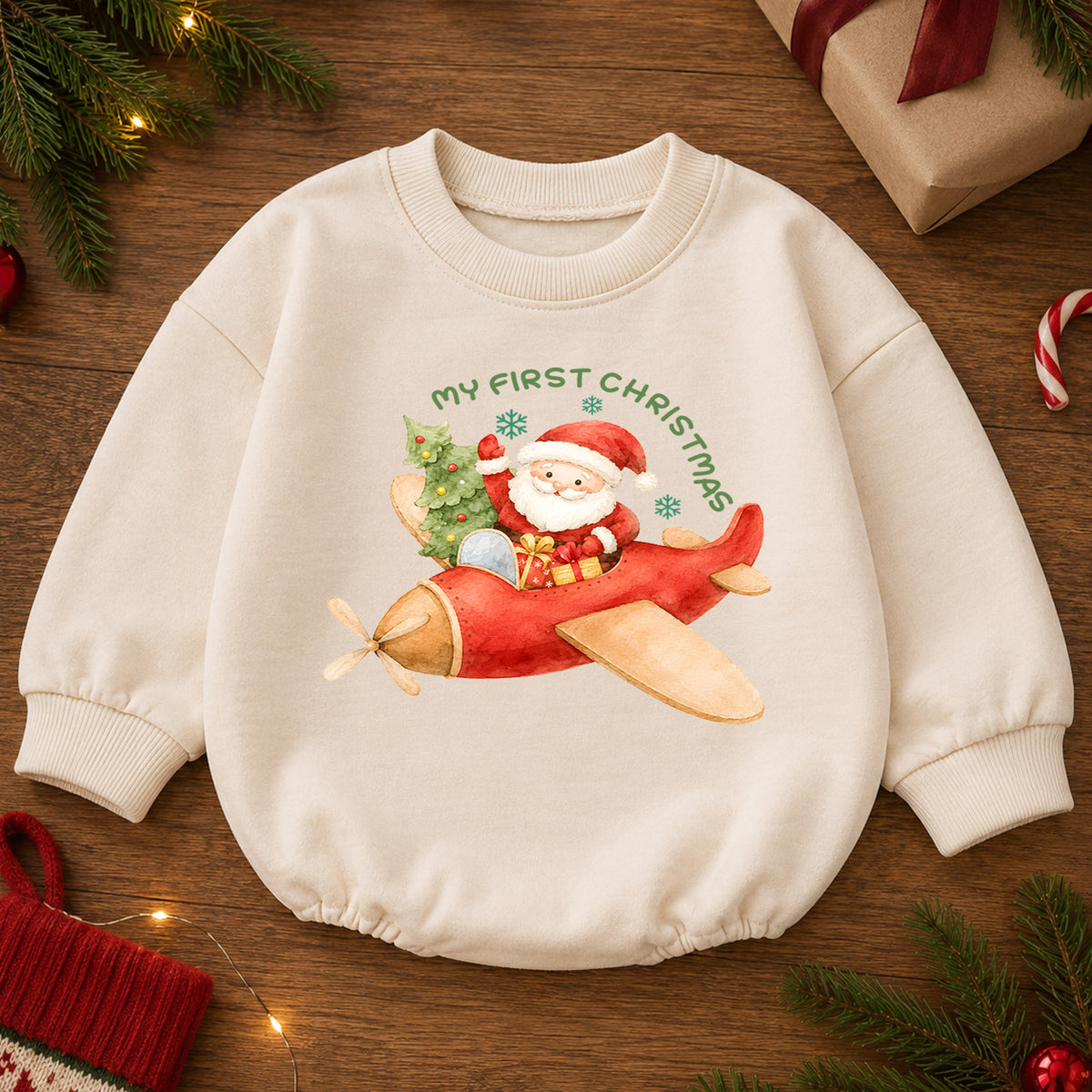 My First Christmas Baby Romper, Santa Airplane Christmas Romper, Baby First Holiday Outfit, Watercolor Toddler Christmas Romper — product view 2