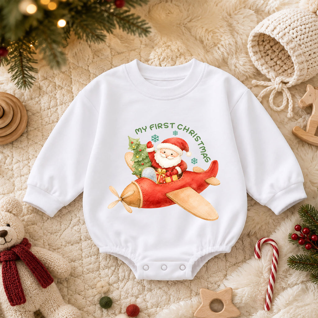 My First Christmas Baby Romper, Santa Airplane Christmas Romper, Baby First Holiday Outfit, Watercolor Toddler Christmas Romper — product view 3