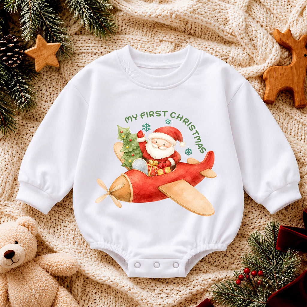 My First Christmas Baby Romper, Santa Airplane Christmas Romper, Baby First Holiday Outfit, Watercolor Toddler Christmas Romper — product view 4
