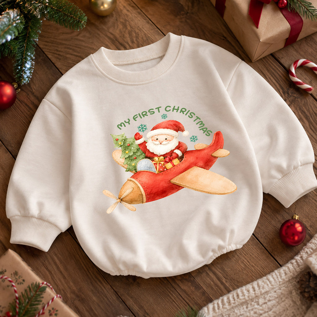 My First Christmas Baby Romper, Santa Airplane Christmas Romper, Baby First Holiday Outfit, Watercolor Toddler Christmas Romper — product view 5
