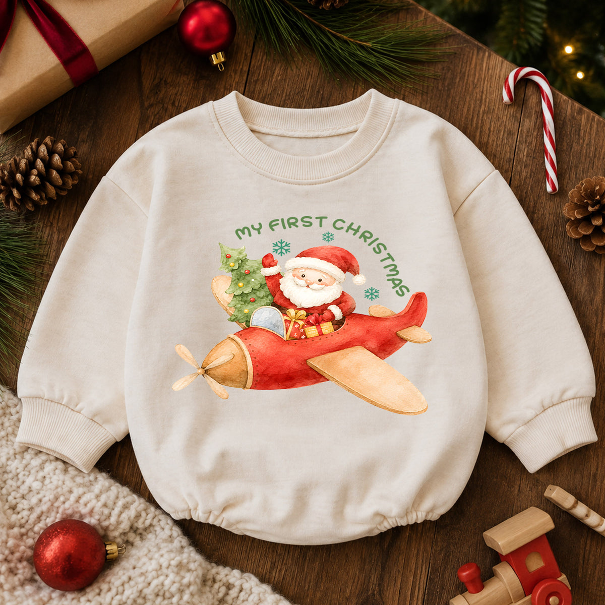 My First Christmas Baby Romper, Santa Airplane Christmas Romper, Baby First Holiday Outfit, Watercolor Toddler Christmas Romper — product view 6