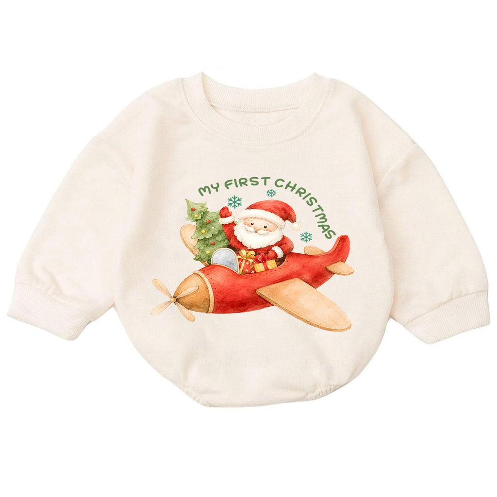 My First Christmas Baby Romper, Santa Airplane Christmas Romper, Baby First Holiday Outfit, Watercolor Toddler Christmas Romper — product view 7