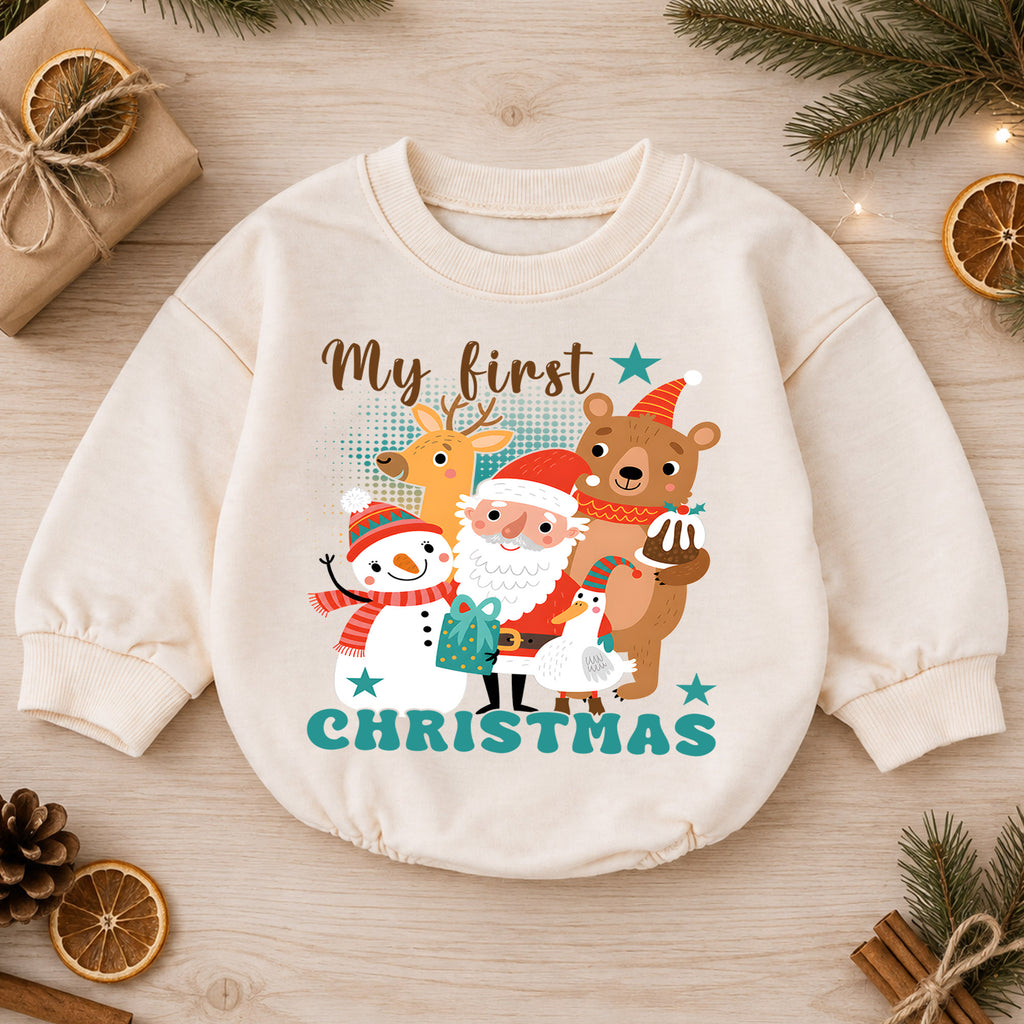 Baby First Christmas Romper, Santa Snowman Reindeer Holiday Outfit, Cute Christmas Romper, Toddler 1st Christmas Gift Set — product view 1