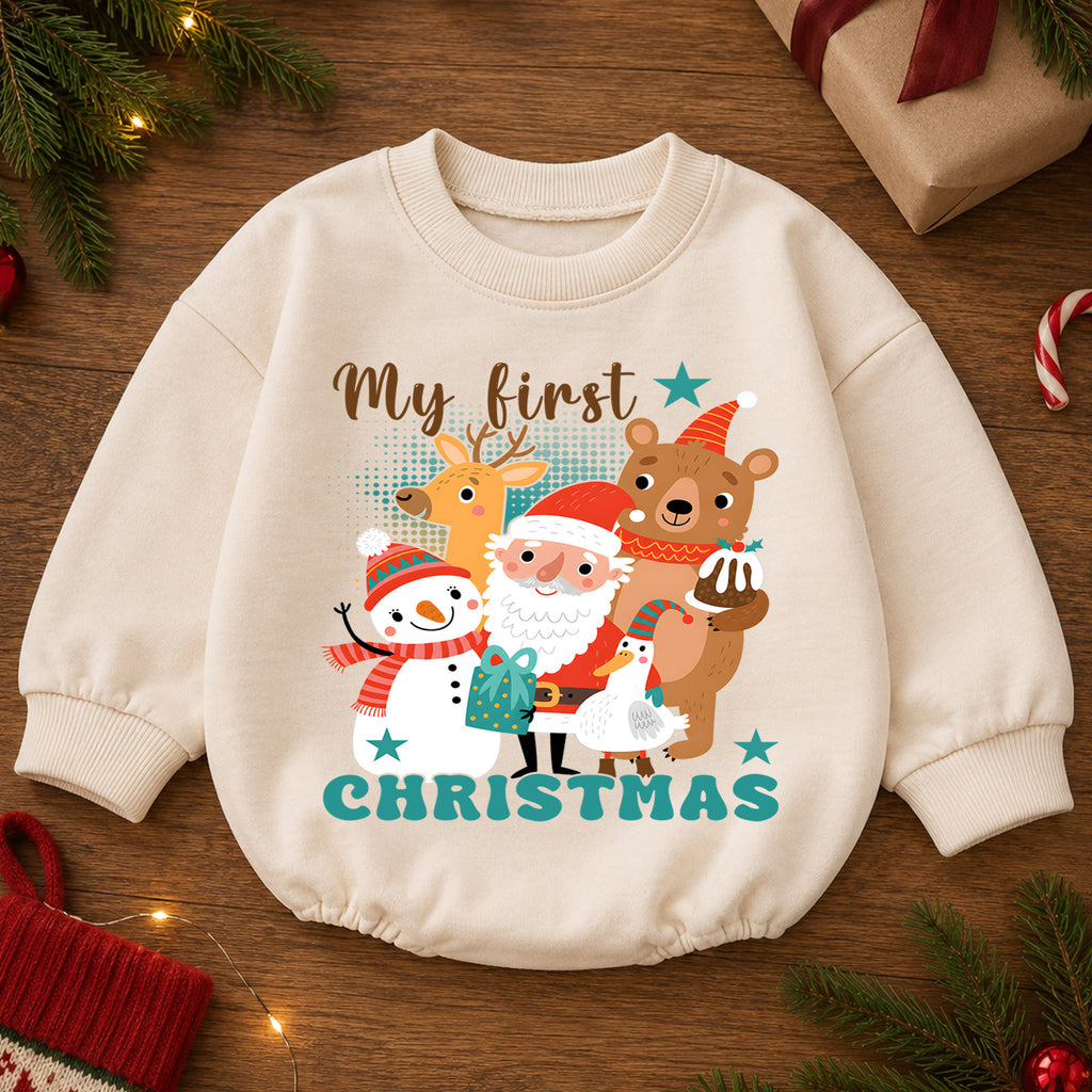Baby First Christmas Romper, Santa Snowman Reindeer Holiday Outfit, Cute Christmas Romper, Toddler 1st Christmas Gift Set — product view 2