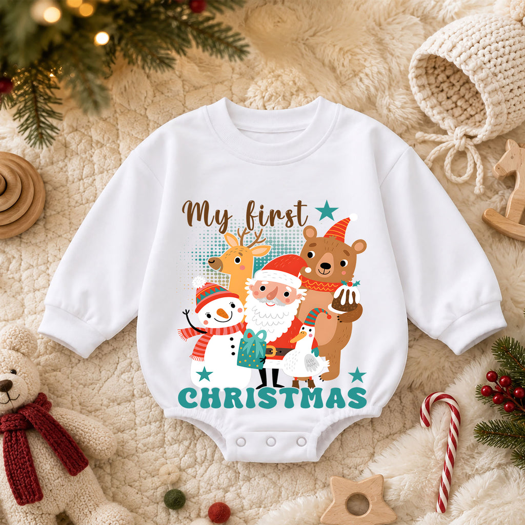 Baby First Christmas Romper, Santa Snowman Reindeer Holiday Outfit, Cute Christmas Romper, Toddler 1st Christmas Gift Set — product view 3