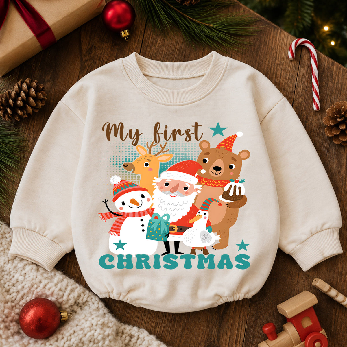 Baby First Christmas Romper, Santa Snowman Reindeer Holiday Outfit, Cute Christmas Romper, Toddler 1st Christmas Gift Set — product view 6