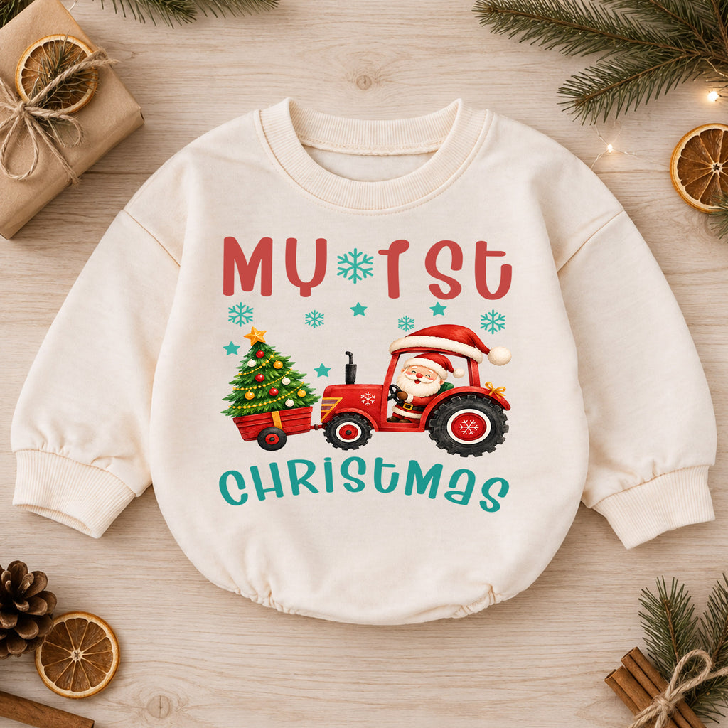My 1st Christmas Tractor Romper, Baby Christmas Tractor Romper, Santa Farm Christmas Outfit, Toddler First Christmas Romper — product view 1
