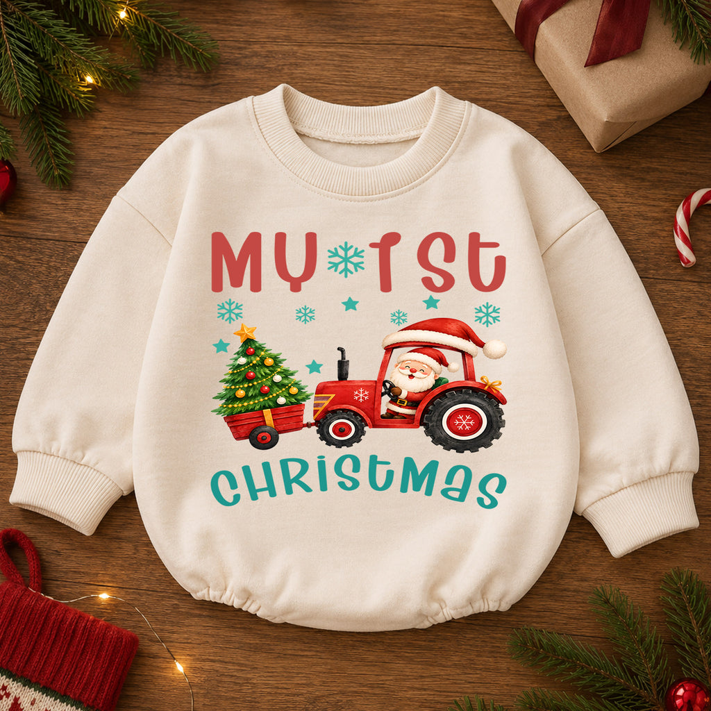My 1st Christmas Tractor Romper, Baby Christmas Tractor Romper, Santa Farm Christmas Outfit, Toddler First Christmas Romper — product view 2