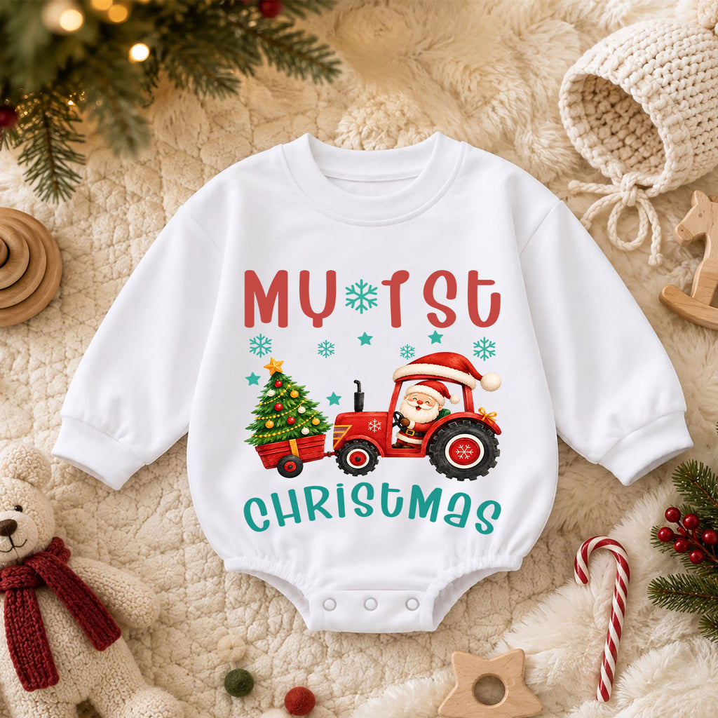 My 1st Christmas Tractor Romper, Baby Christmas Tractor Romper, Santa Farm Christmas Outfit, Toddler First Christmas Romper — product view 3