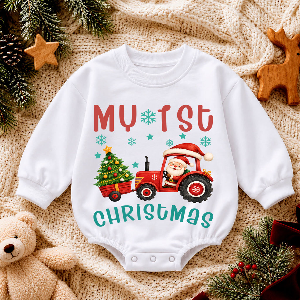 My 1st Christmas Tractor Romper, Baby Christmas Tractor Romper, Santa Farm Christmas Outfit, Toddler First Christmas Romper — product view 4