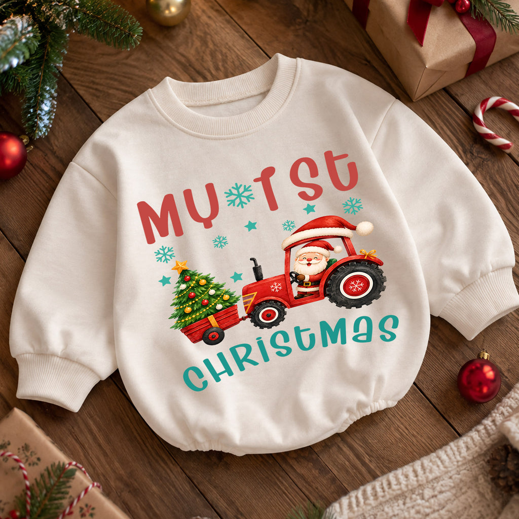 My 1st Christmas Tractor Romper, Baby Christmas Tractor Romper, Santa Farm Christmas Outfit, Toddler First Christmas Romper — product view 5