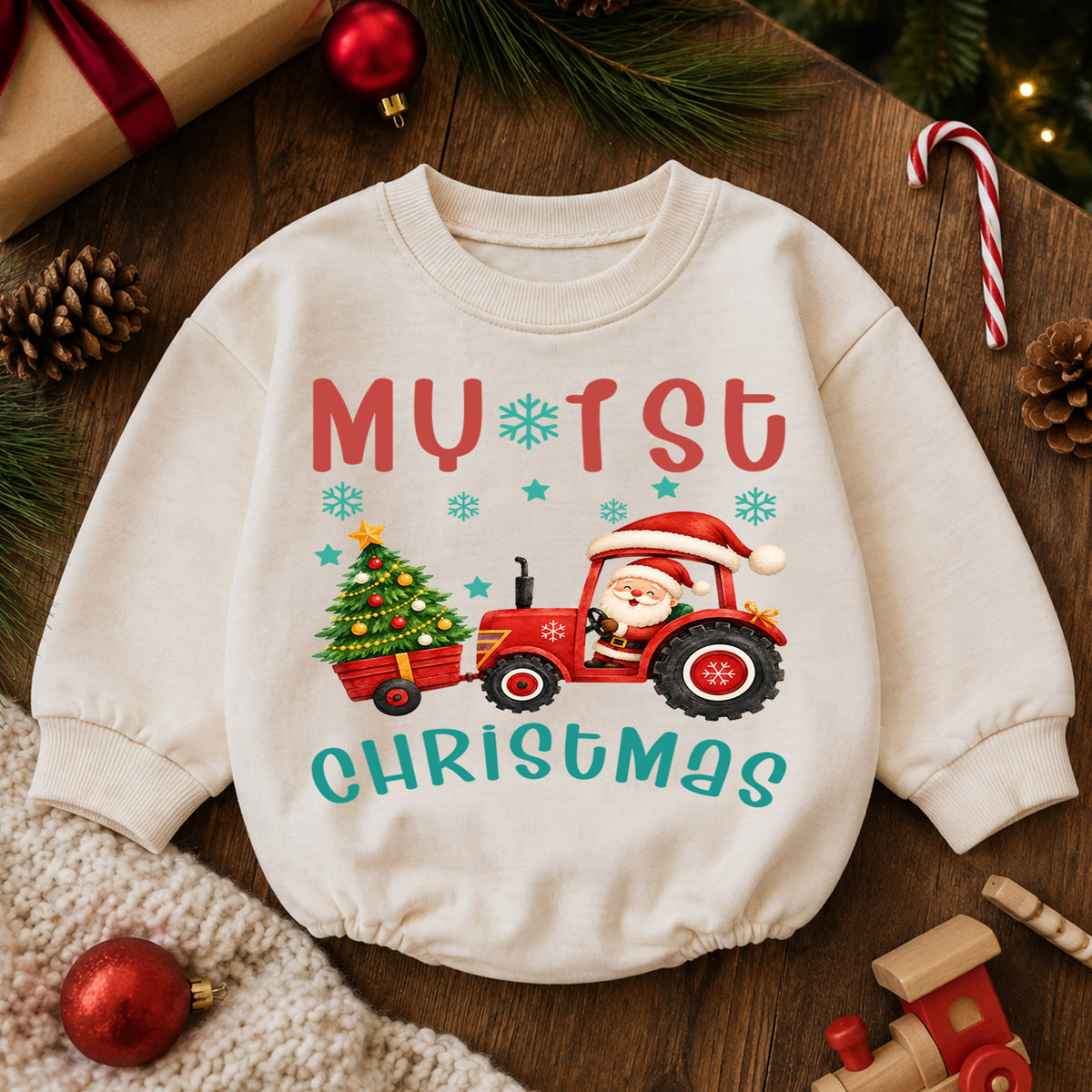 My 1st Christmas Tractor Romper, Baby Christmas Tractor Romper, Santa Farm Christmas Outfit, Toddler First Christmas Romper — product view 6