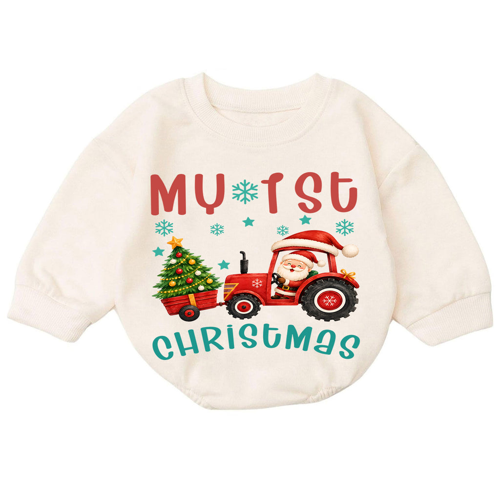My 1st Christmas Tractor Romper, Baby Christmas Tractor Romper, Santa Farm Christmas Outfit, Toddler First Christmas Romper — product view 7