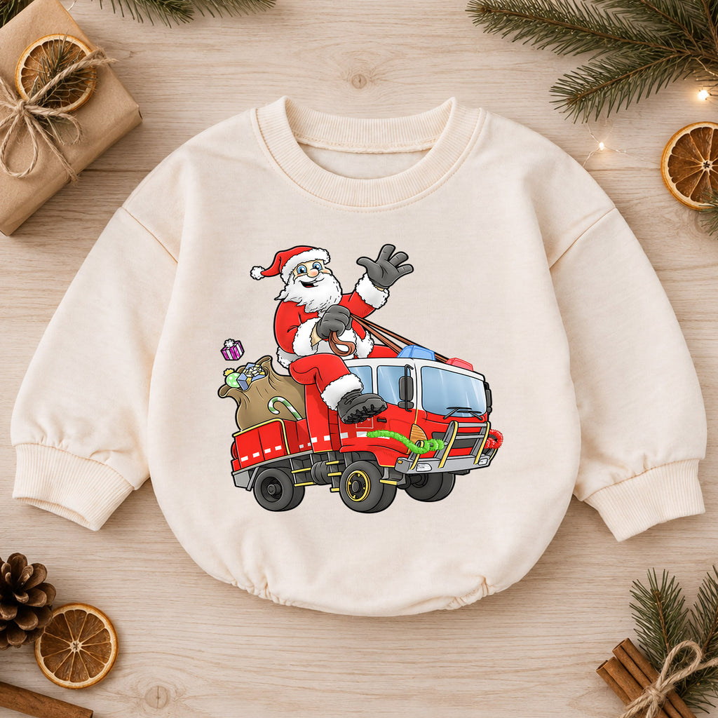 Santa Fire Truck Baby Romper, Christmas Firefighter Outfit, Cute Holiday Truck Romper, Toddler Xmas Gift, Baby 1st Christmas — product view 1