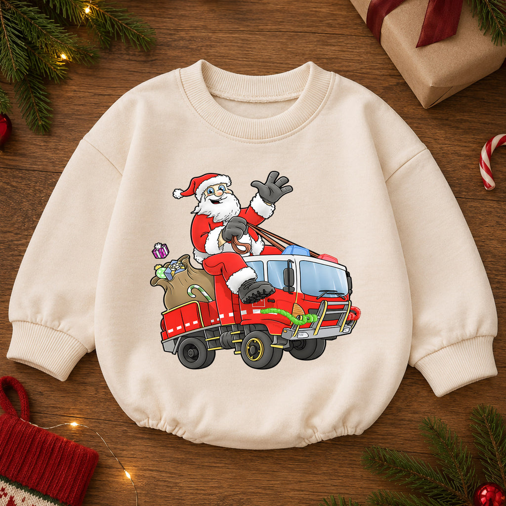 Santa Fire Truck Baby Romper, Christmas Firefighter Outfit, Cute Holiday Truck Romper, Toddler Xmas Gift, Baby 1st Christmas — product view 2