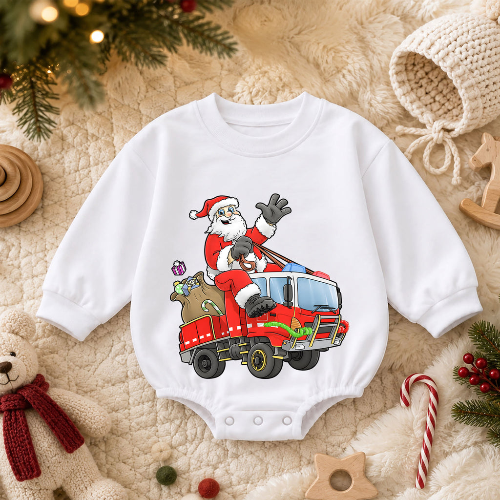 Santa Fire Truck Baby Romper, Christmas Firefighter Outfit, Cute Holiday Truck Romper, Toddler Xmas Gift, Baby 1st Christmas — product view 3