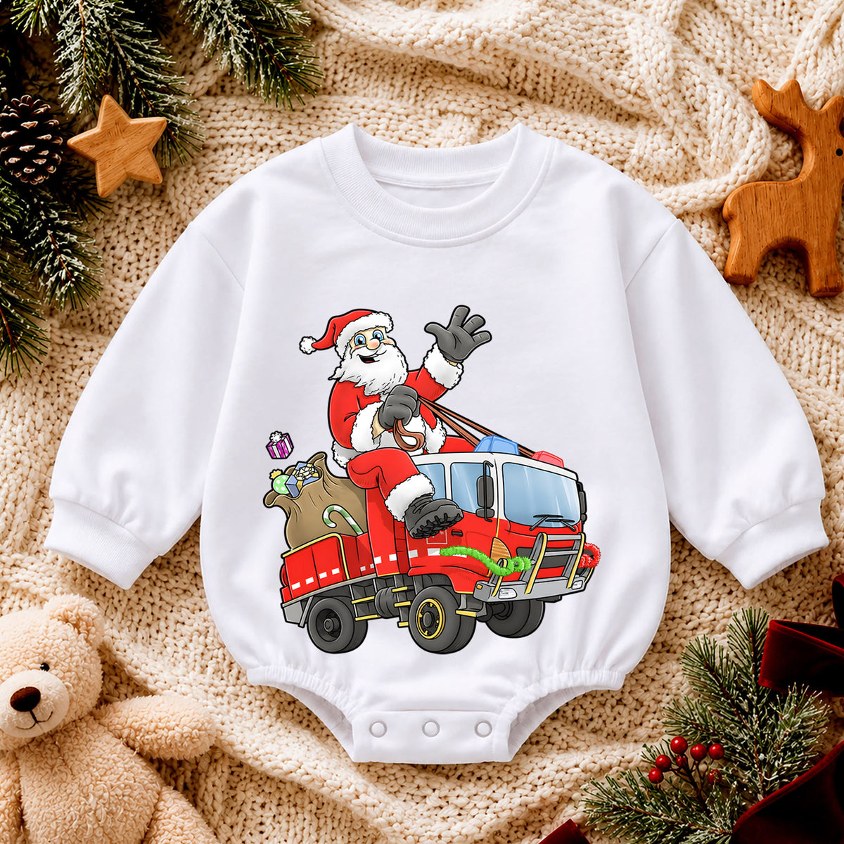 Santa Fire Truck Baby Romper, Christmas Firefighter Outfit, Cute Holiday Truck Romper, Toddler Xmas Gift, Baby 1st Christmas — product view 4