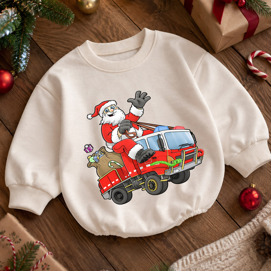 Santa Fire Truck Baby Romper, Christmas Firefighter Outfit, Cute Holiday Truck Romper, Toddler Xmas Gift, Baby 1st Christmas — product view 5