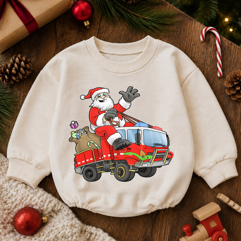 Santa Fire Truck Baby Romper, Christmas Firefighter Outfit, Cute Holiday Truck Romper, Toddler Xmas Gift, Baby 1st Christmas — product view 6