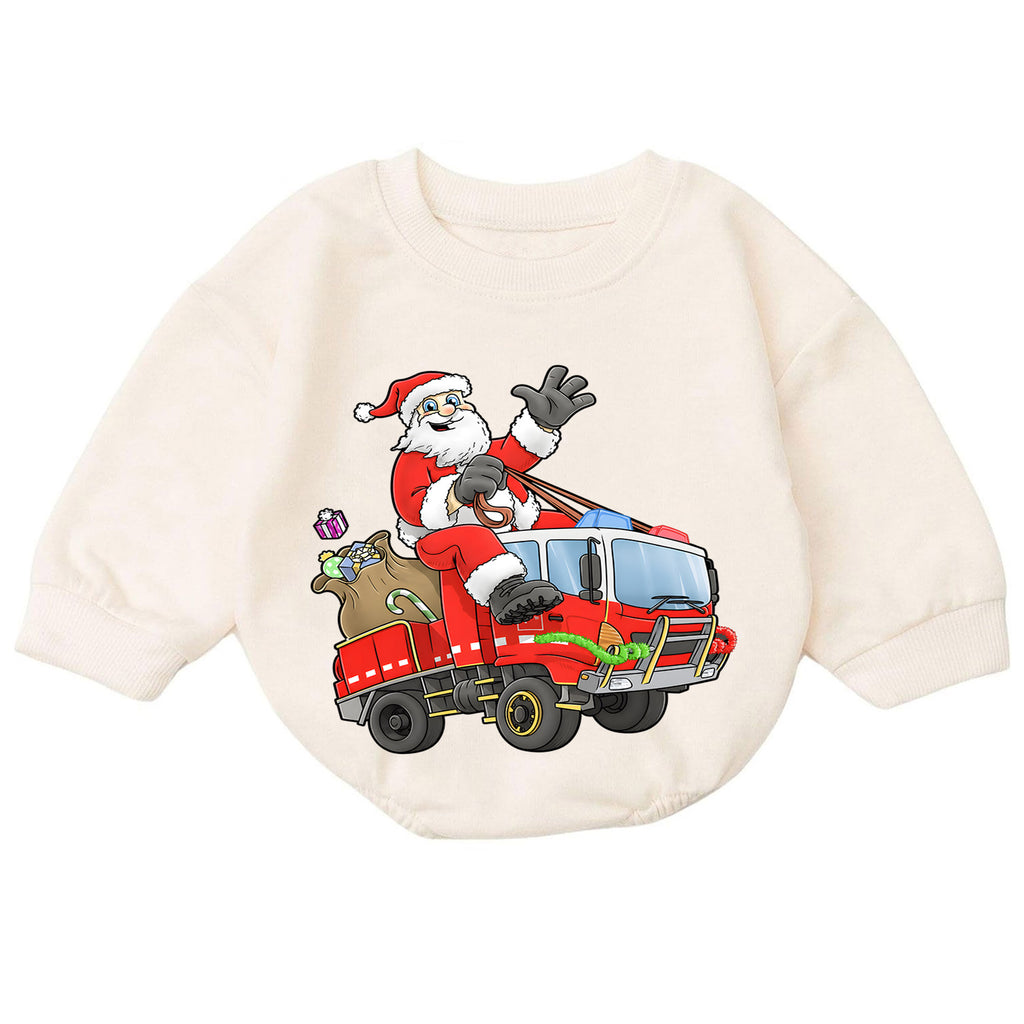 Santa Fire Truck Baby Romper, Christmas Firefighter Outfit, Cute Holiday Truck Romper, Toddler Xmas Gift, Baby 1st Christmas — product view 7