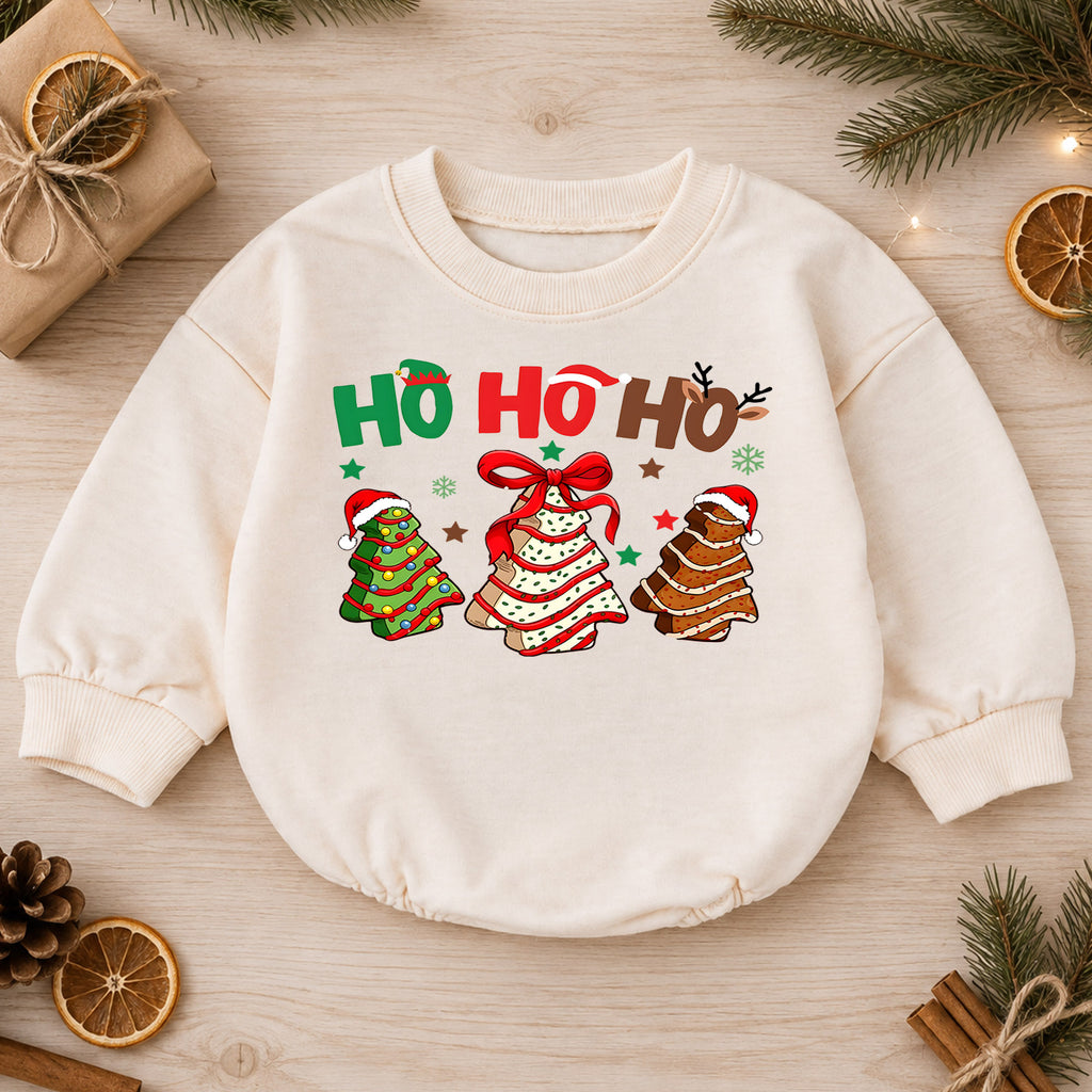 Ho Ho Ho Christmas Romper for Baby, Christmas Cookie Tree Toddler Romper, Cute Holiday Baby Romper, Gingerbread Christmas Outfit — product view 1