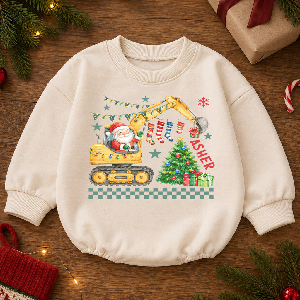Personalized Construction Christmas Baby Romper, Custom Name Excavator Santa Outfit, 1st Christmas Gift for Baby Boys & Baby — product view 2