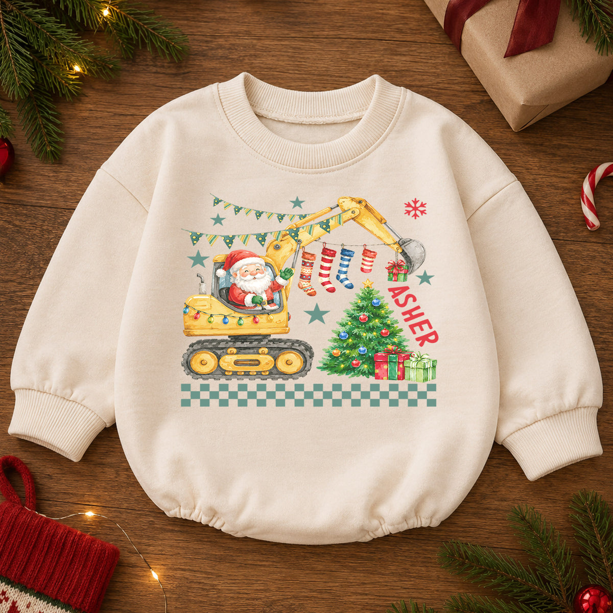 Personalized Construction Christmas Baby Romper, Custom Name Excavator Santa Outfit, 1st Christmas Gift for Baby Boys & Baby — product view 2