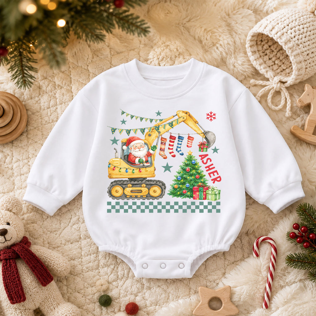Personalized Construction Christmas Baby Romper, Custom Name Excavator Santa Outfit, 1st Christmas Gift for Baby Boys & Baby — product view 3