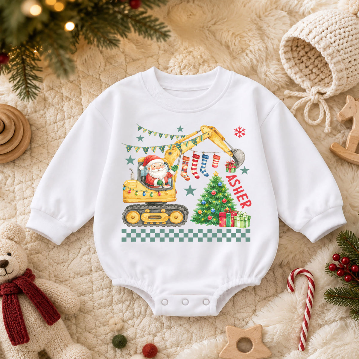 Personalized Construction Christmas Baby Romper, Custom Name Excavator Santa Outfit, 1st Christmas Gift for Baby Boys & Baby — product view 3