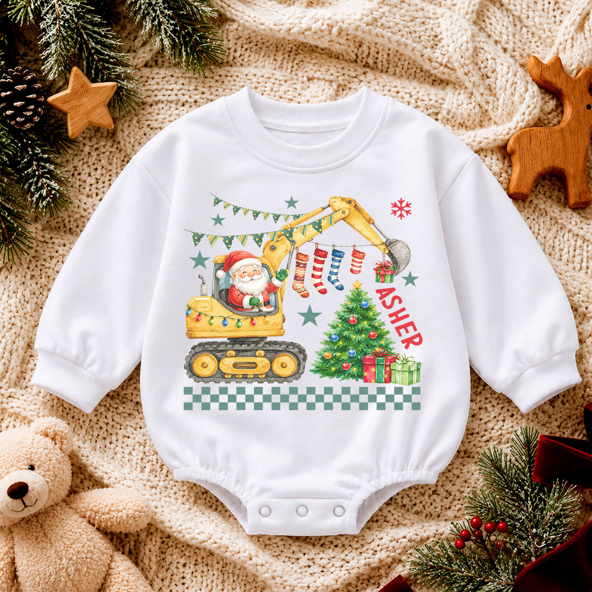 Personalized Construction Christmas Baby Romper, Custom Name Excavator Santa Outfit, 1st Christmas Gift for Baby Boys & Baby — product view 4
