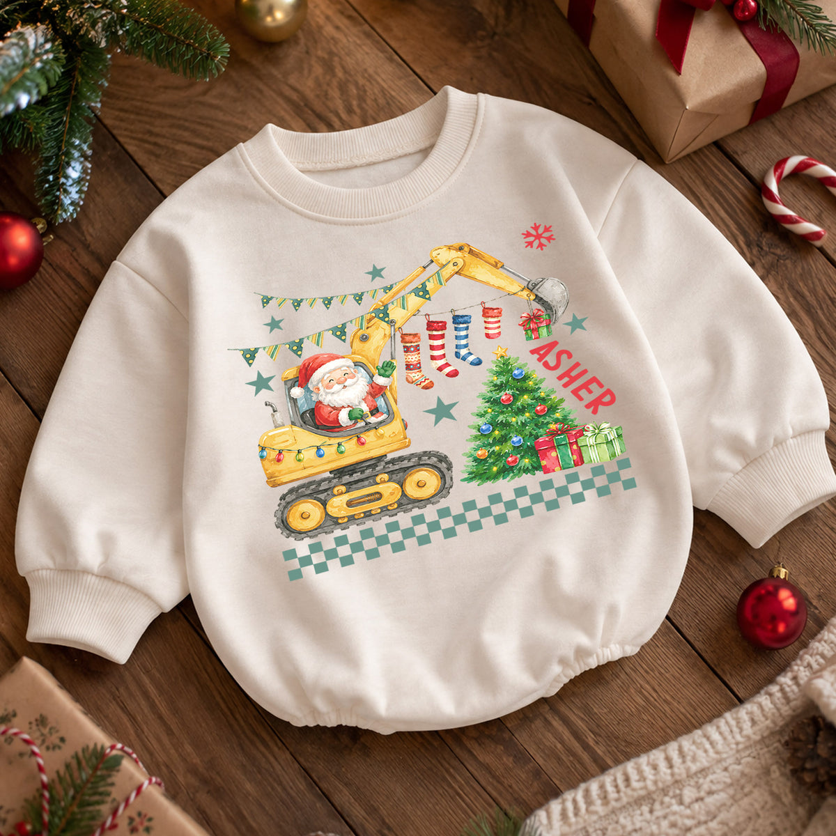 Personalized Construction Christmas Baby Romper, Custom Name Excavator Santa Outfit, 1st Christmas Gift for Baby Boys & Baby — product view 5
