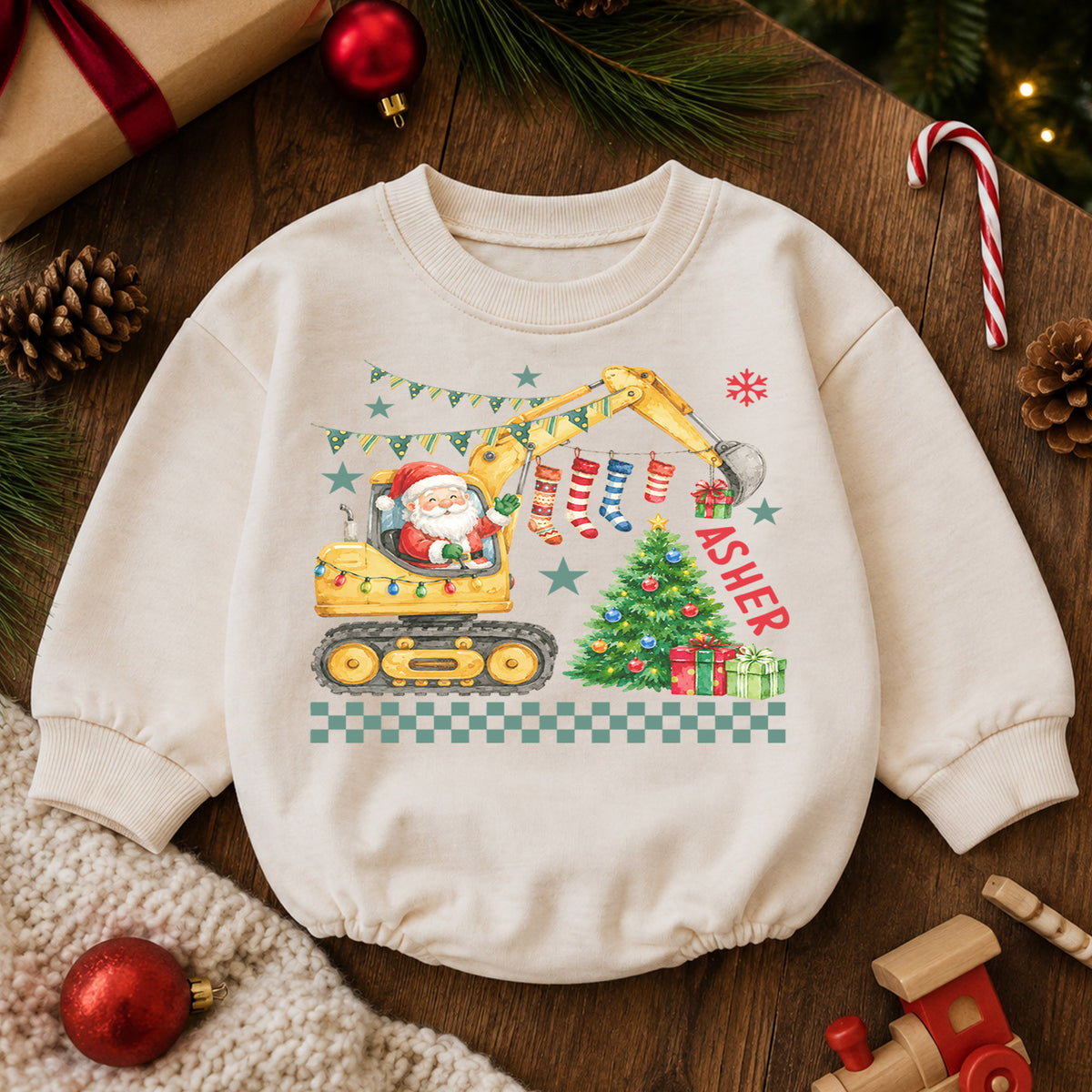 Personalized Construction Christmas Baby Romper, Custom Name Excavator Santa Outfit, 1st Christmas Gift for Baby Boys & Baby — product view 6