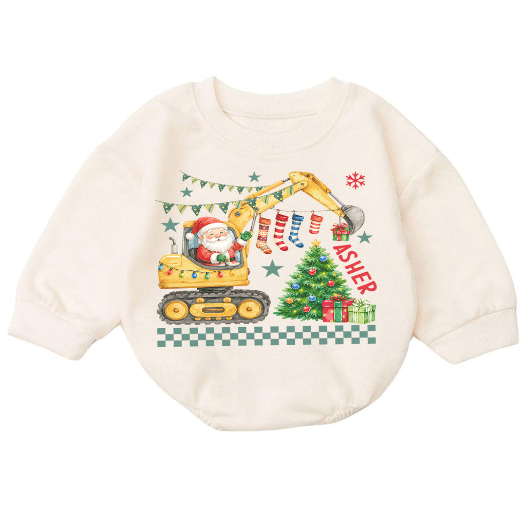 Personalized Construction Christmas Baby Romper, Custom Name Excavator Santa Outfit, 1st Christmas Gift for Baby Boys & Baby — product view 7
